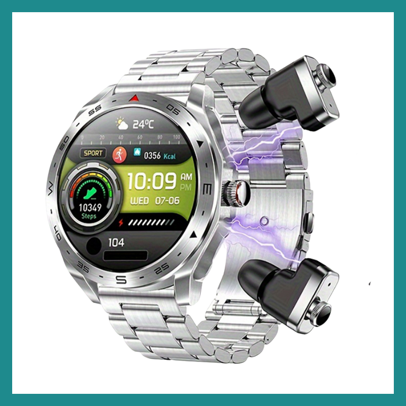 Montre Intelligente & Écouteurs Bluetooth Intégrés - L'innovation 2-en-1 qui combine élégance, performance et praticité dans un seul accessoire high-tech.