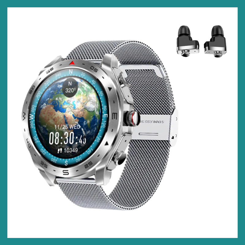 Montre Intelligente & Écouteurs Bluetooth Intégrés - L'innovation 2-en-1 qui combine élégance, performance et praticité dans un seul accessoire high-tech.