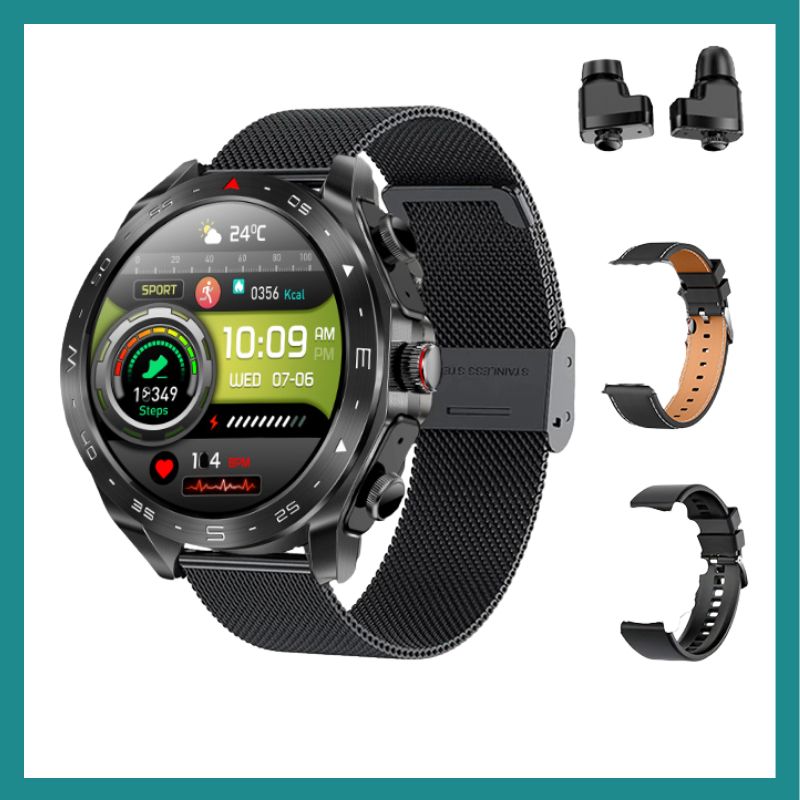 Montre Intelligente & Écouteurs Bluetooth Intégrés - L'innovation 2-en-1 qui combine élégance, performance et praticité dans un seul accessoire high-tech.