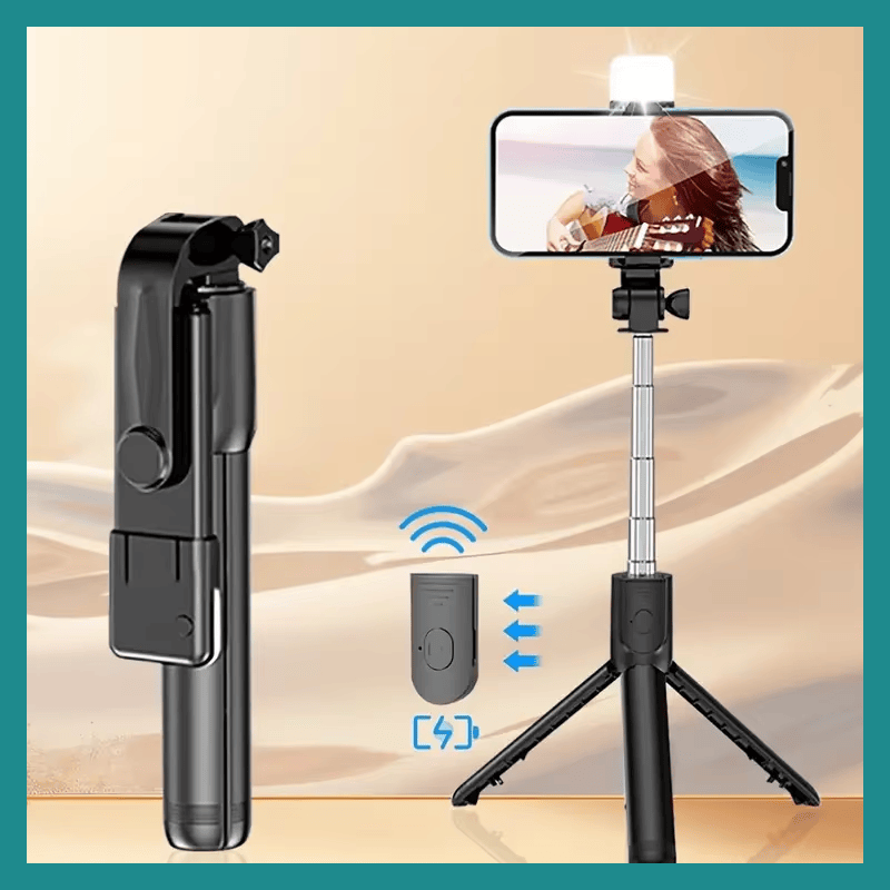 Tripode Selfie Stick 3-en-1 na Télécommande Bluetooth, Lumière ya kotondisa mpe Stand Pliable - Portable mpe Compatible na iPhone mpe Smartphones